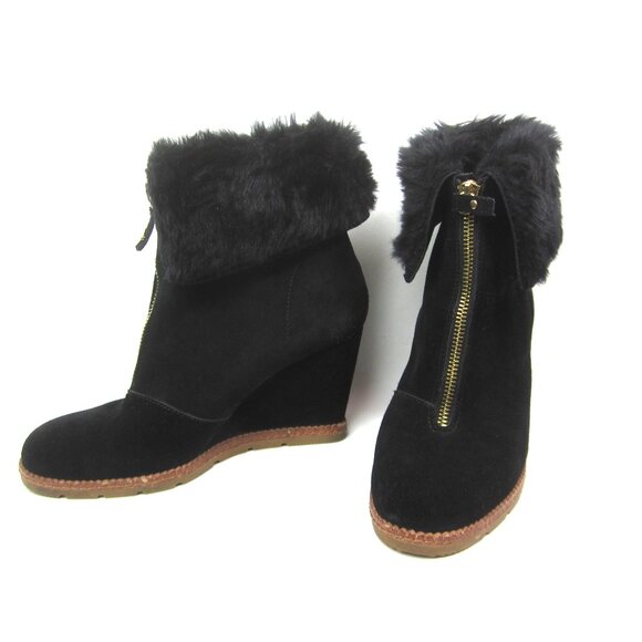 Kate Spade EUC Stasia 7.5 M Women's Black Bootie Wedge Suede Leather Faux Fur - Picture 1 of 11